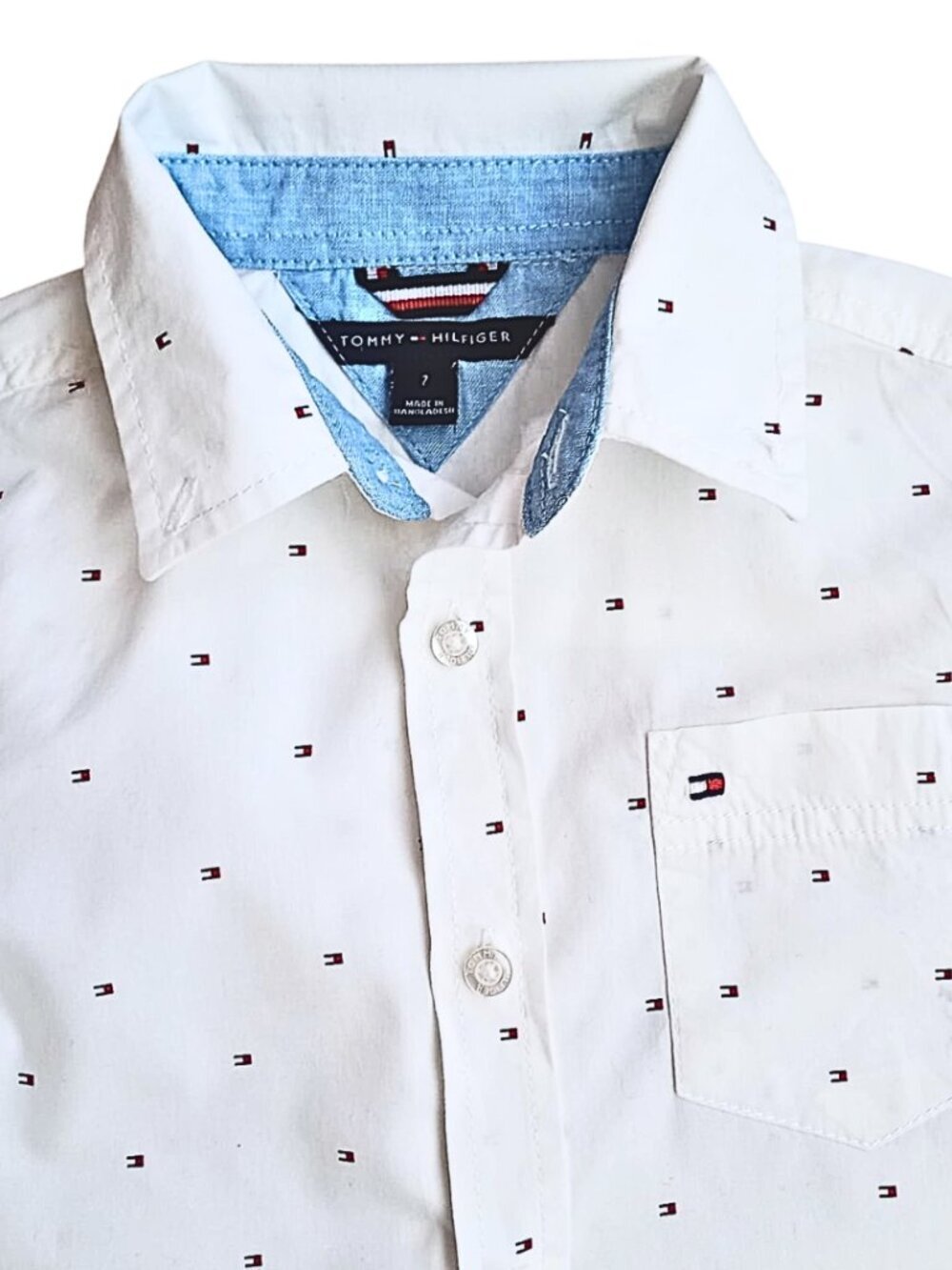 Tommy Hilfiger Boys White Button Down Shirt Size 7 โ Classic Logo Print Long Sle - Picture 5 of 7